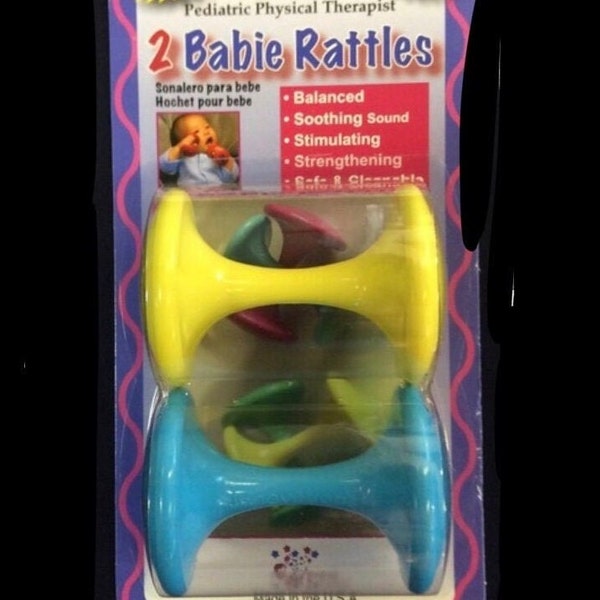 Baby Rattles, 2 pack, Blue and yellow, Barbell Baby Rattle, Made in USA, Preemie toy