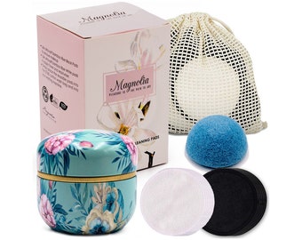 Magnolia Reusable Cotton Face Pads 20 Pads, Eco Friendly, 2 Wash Bags, Metal Gif box, Make up Remover, Konjac Sponge,