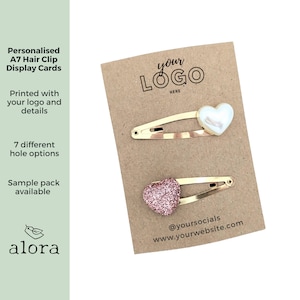 Personalised Logo hair clip display cards, A7 recycled kraft backing cards, with punched holes, hair bow slide display, printed for you