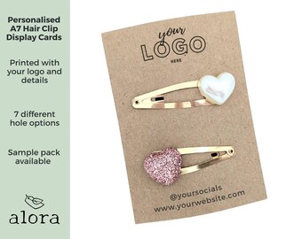 Personalised Logo hair clip display cards, A7 recycled kraft backing cards, with punched holes, hair bow slide display, printed for you