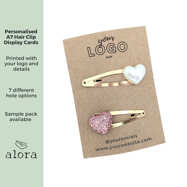 Personalised Logo hair clip display cards, A7 recycled kraft backing cards, with punched holes, hair bow slide display, printed for you