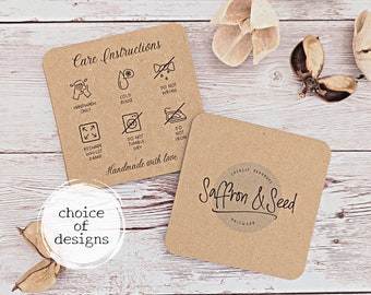 40 Logo care cards, printed for you with business name or message, square kraft card care instructions, for handmade items and Etsy orders