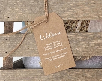 30 Hospitality Welcome Gift Tags, Printed in white for your holiday home or guest house, guest wine tags, vacation rental property hang tag