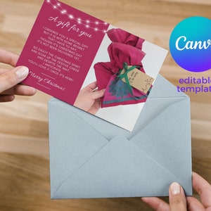 Bewerkbare ansichtkaart uitgesteld cadeau, aanpasbare Canva-sjabloon, foto van je cadeau toevoegen, tekst aanpassen, melding voor late kerstcadeau