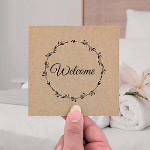 Cartes de bienvenue d'invité, imprimées pour votre mariage ou votre propriété de location, 4 pouces cartes rustiques pour souhaiter la bienvenue à vos invités, impression noire de conception de feuille et de coeur