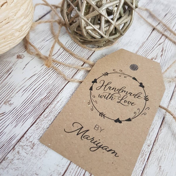 30 Handmade with love by you, Swing tag labels with your name or logo, Wreath design personalised gift tags, eco tags for your makes