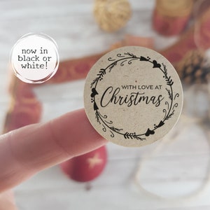 30 Recycled Christmas Stickers, 35mm round labels, with love at Christmas, wreath design labels, for Christmas gifts, sweet cones, envelopes image 1
