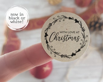 30 Recycled Christmas Stickers, 35mm round labels, with love at Christmas, wreath design labels, for Christmas gifts, sweet cones, envelopes