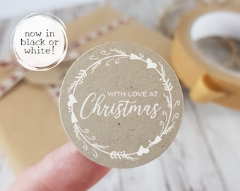 30 Recycled Christmas Stickers, 37mm round labels, with love at Christmas, wreath design labels, for Christmas gifts, sweet cones, envelopes