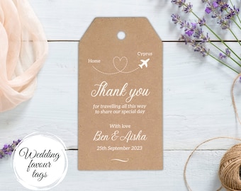 20 Destination Wedding tags, printed for you in white on brown, thank you for travelling favour tags for your destination wedding guests