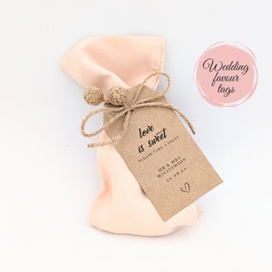 30 Love is sweet wedding favour tags, printed for you, your names and date,take a treat favour labels, for your wedding guest tables, 5x9cm