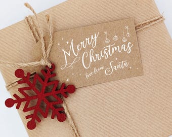 Impresión blanca de etiquetas de regalo de Navidad de Santa Claus, etiquetas de regalo de amigo secreto, etiquetas de tarjetas Kraft, diseño de adornos navideños, etiqueta de regalo de Kris Kringle