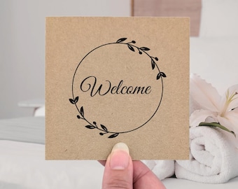 10 Guest Welcome Cards, Printed for your wedding or rental property, 4" rustic cards to welcome your guests, Olive wreath design black print