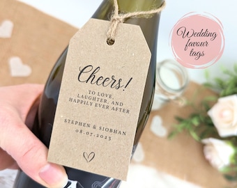 30 Wedding wine bottle tags, printed with your names and date, Cheers! To love, laughter, and happily ever after, for your wedding guests