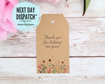 Thank you for helping me grow, flower design teacher gift tags, Recycled kraft card tags, for gifts or customer orders, letterbox gift tags