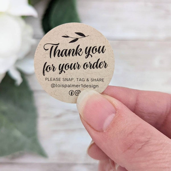 30 Thank you for your order stickers, Round labels 35mm, recycled labels for your Etsy shop, add your message or socials, snap tag share