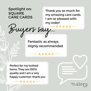 May include: A graphic with the text "Spotlight on: SQUARE CARE CARDS" and "Buyers say..." with three customer reviews. The reviews include the text "Fantastic as always. Highly recommended", "Perfect for my knitted items. They are 100% quality and I am a very happy customer, thank you", and "Thank you so much for my amazing care cards. I am so pleased with my order!" Each review has a five-star rating.