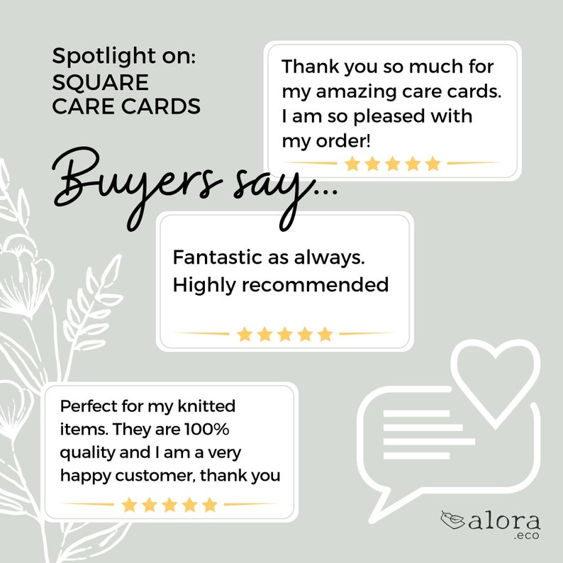 May include: A graphic with the text "Spotlight on: SQUARE CARE CARDS" and "Buyers say..." with three customer reviews. The reviews include the text "Fantastic as always. Highly recommended", "Perfect for my knitted items. They are 100% quality and I am a very happy customer, thank you", and "Thank you so much for my amazing care cards. I am so pleased with my order!" Each review has a five-star rating.