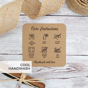 40 Printed Crochet Knitwear Care Cards, square kraft card care instructions, for handmade items, handsewn garment care, for Etsy shop orders COOL HANDWASH