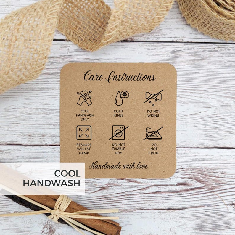 40 Printed Crochet Knitwear Care Cards, square kraft card care instructions, for handmade items, handsewn garment care, for Etsy shop orders COOL HANDWASH