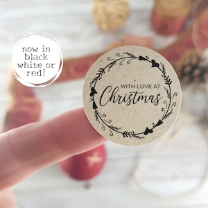 30 adesivi natalizi riciclati, etichette rotonde da 37 mm, con amore per Natale, etichette con motivo a ghirlanda, per regali di Natale, coni di caramelle, buste