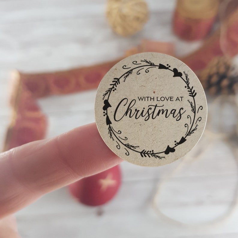 30 Recycled Christmas Stickers, 35mm round labels, with love at Christmas, wreath design labels, for Christmas gifts, sweet cones, envelopes Black print