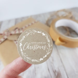 30 Recycled Christmas Stickers, 35mm round labels, with love at Christmas, wreath design labels, for Christmas gifts, sweet cones, envelopes White print