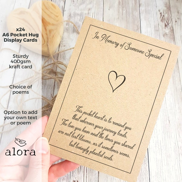 24 Printed pocket hug poem cards A6, attach your handmade heart, pocket heart token for felt crochet resin heart, choice of poem or your own