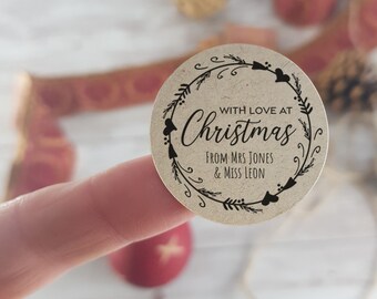 30 Personalised Christmas Stickers, Printed with your name, Recycled stickers for Christmas gifts, sweet bags, sweet cones, teacher gifts