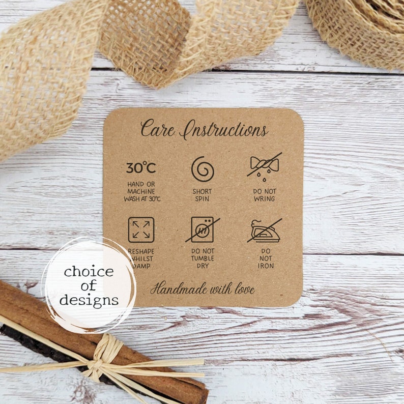 May include: Care instructions for a handmade item. The instructions include washing at 30 degrees Celsius, short spin, do not wring, reshape while damp, do not tumble dry, and do not iron. The text "Handmade with love" is also included.
