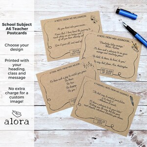 End of year teacher postcards for pupils, printed with school subject or lesson, A6 recycled notecards with any message and teacher name
