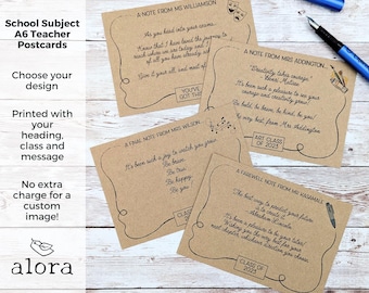 End of year teacher postcards for pupils, printed with school subject or lesson, A6 recycled notecards with any message and teacher name