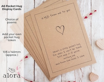 Printed pocket hug poem cards A6, attach your handmade heart, pocket heart token for felt crochet resin heart, choice of poem or your own