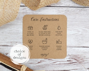 80 Printed Jewellery Care Cards, square Kraft card care instructions, resin pearl care, for handmade jewelry makers, small biz pop-up shops