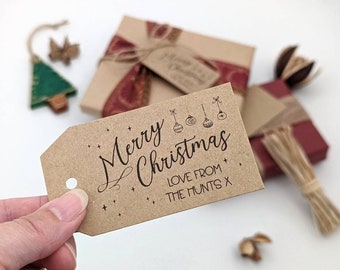 30 Personalised Christmas Gift tags, Kraft card tags, Merry Christmas bauble design labels, your family names, Christmas gift box tags