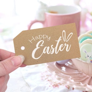 Etiquettes cadeaux de Pâques kraft, imprimées en blanc, étiquettes joyeuses Pâques recyclées, oreilles de lapin de Pâques, étiquettes pour cartes kraft lapin de Pâques, 5 x 9 cm