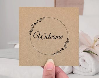 Guest Welcome Cards, Printed for your wedding or rental property, 4" rustic cards to welcome your guests, Dainty leaf design black print
