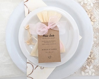 30 Wax melt wedding favour tags, printed for you, your names and date, true love melts your heart, for your wedding guest tables, 5x9cm