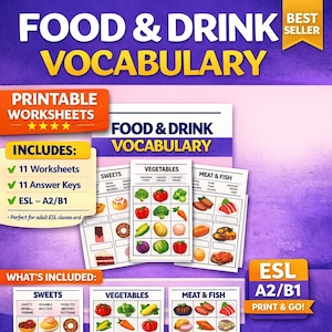 May include: A printable food and drink vocabulary worksheet set. The set includes 11 worksheets and 11 answer keys. The worksheets are designed for ESL students at the A2/B1 level. The worksheets feature images of sweets, vegetables, and meat & fish.