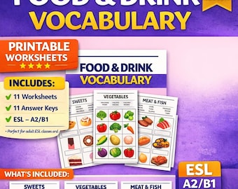 Hojas de ejercicios de vocabulario sobre comida y bebida para estudiantes de inglés como segunda lengua (niveles A2–B1) / Paquete imprimible (descarga digital)