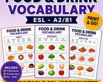 ESL Food & Drink Vocabulary Matching Worksheets (A2–B1) | Printable Pack (Digital Download)