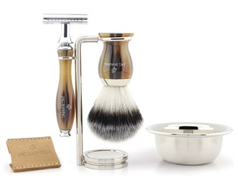 Professional Classic Shaving Set, DE Safety Razor, Synthetic Silver Tip Hair Shaving Brush, Shaving Stand, Bowl & Razor Pouch Best Gift Set