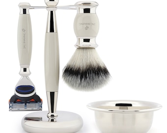 Premium Shaving Set, 5 Edge Shaving Razor - Synthetic Hair Shaving Brush - Dual Shaving Stand & Stainless Steel Bowl Best Gift Set