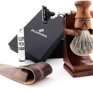 Vintage Men Shaving Kit with 3 Edge Shaving Razor, Super Hair Brush, Wooden Stand, Leather Pouch & Alum Pencil Perfect Gift Set for Men