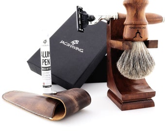 Vintage Men Shaving Kit with 3 Edge Shaving Razor, Super Hair Brush, Wooden Stand, Leather Pouch & Alum Pencil Perfect Gift Set for Men