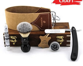 Handmade Vintage Shaving Kit for Men, Straight Cut Throat Razor - Synthetic Silver Tip Hair Shaving Brush - Strop & Wooden Box Best Gift Set