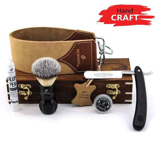 Handmade Vintage Shaving Kit for Men, Straight Cut Throat Razor - Silver Tip Hair Shaving Brush - Strop & Wooden Box Perfect Gift Set
