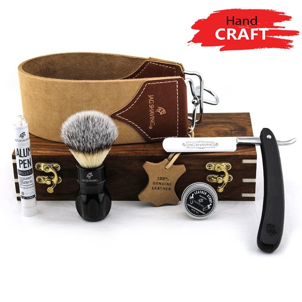 Handmade Vintage Shaving Kit for Men, Straight Cut Throat Razor - Synthetic Silver Tip Hair Shaving Brush - Strop & Wooden Box Best Gift Set