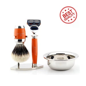 Premium Quality Shaving Set, 5 Edge Cartridge Razor, Silver Tip Hair Shaving Brush, Double Shaving Stand & Bowl, The Best Gift Idea for Men