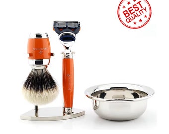 Set de afeitado para hombre, brocha con punta plateada, maquinilla de afeitar de 5 filos, soporte y cuenco